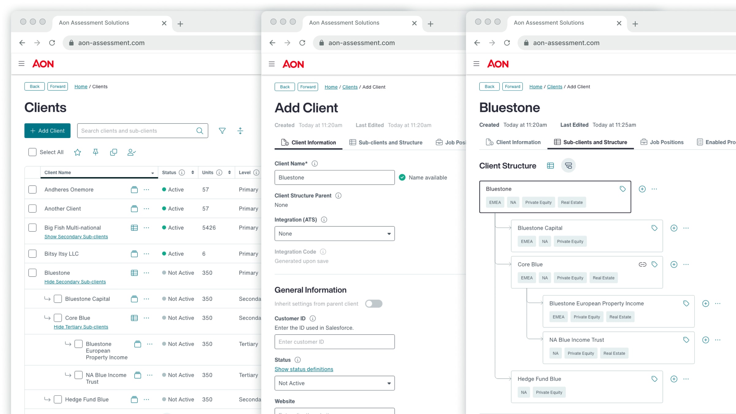 Client governance admin interface for organizational structures
