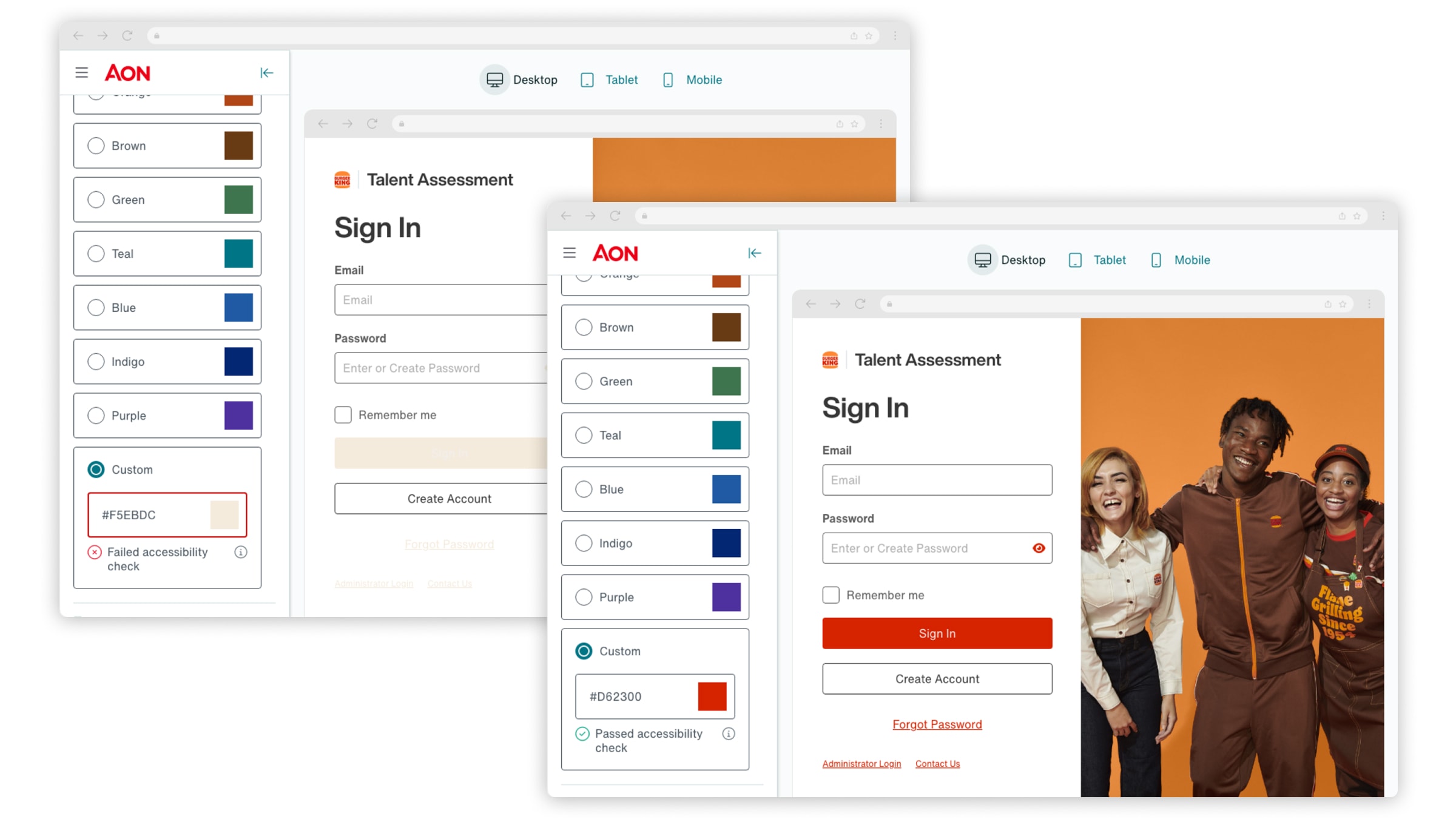 Administrative Theme Editor interface for asset publishing and color token generation