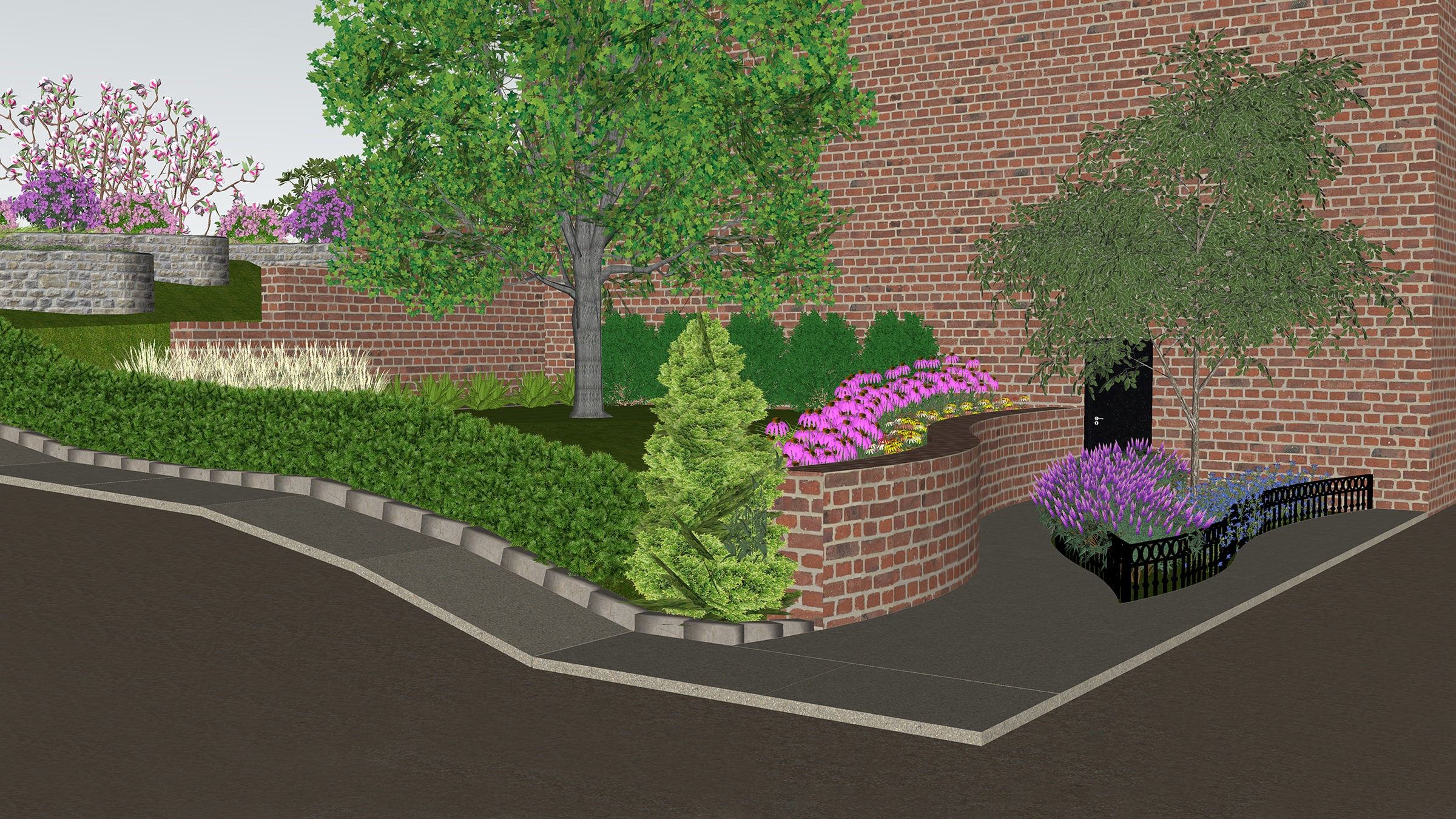 3D isometric SketchUp model evaluating lawn slope gradients and structural stone dimensions