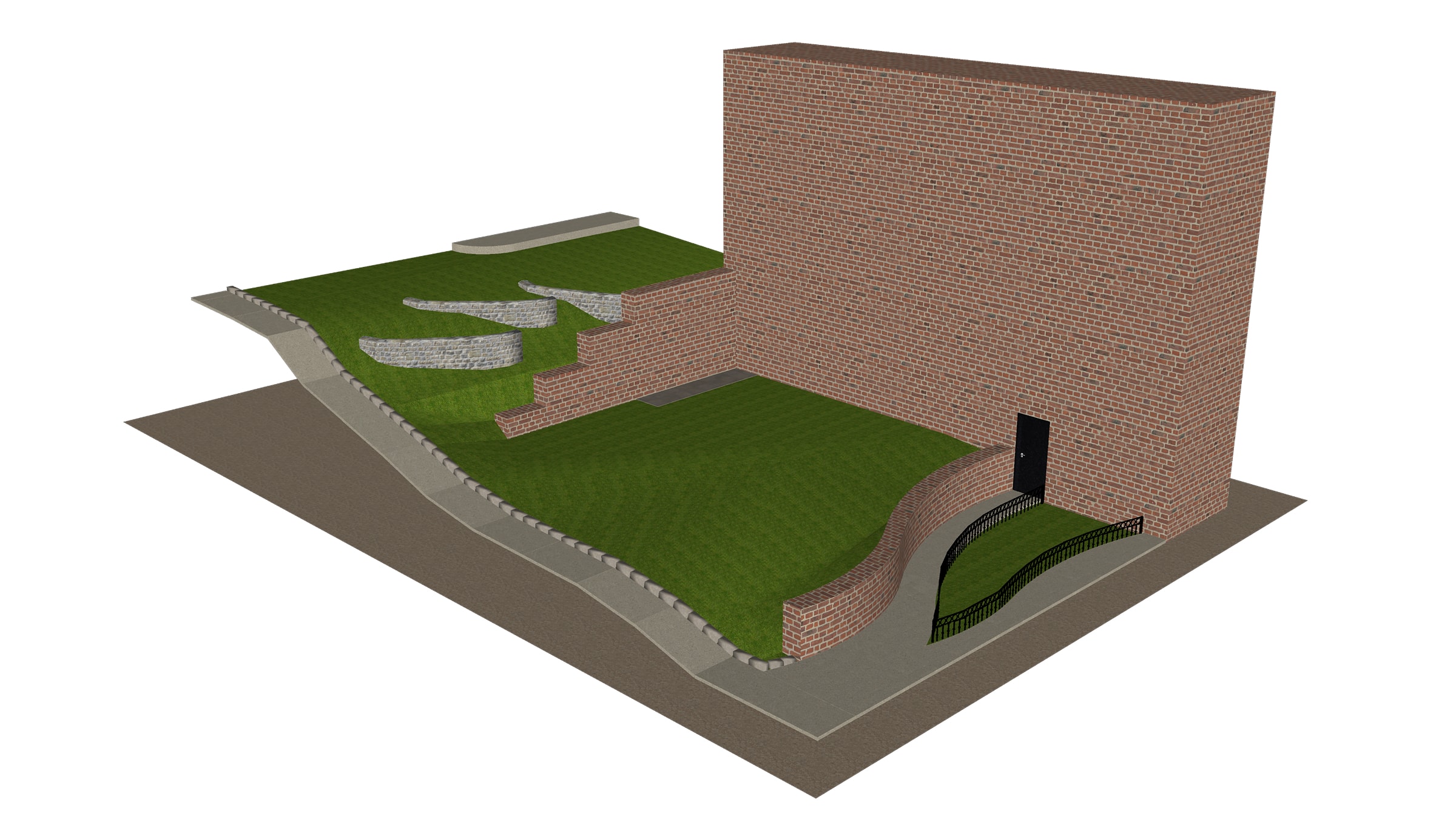Polished spatial render of private property lines, native flora, and the public pedestrian corridor