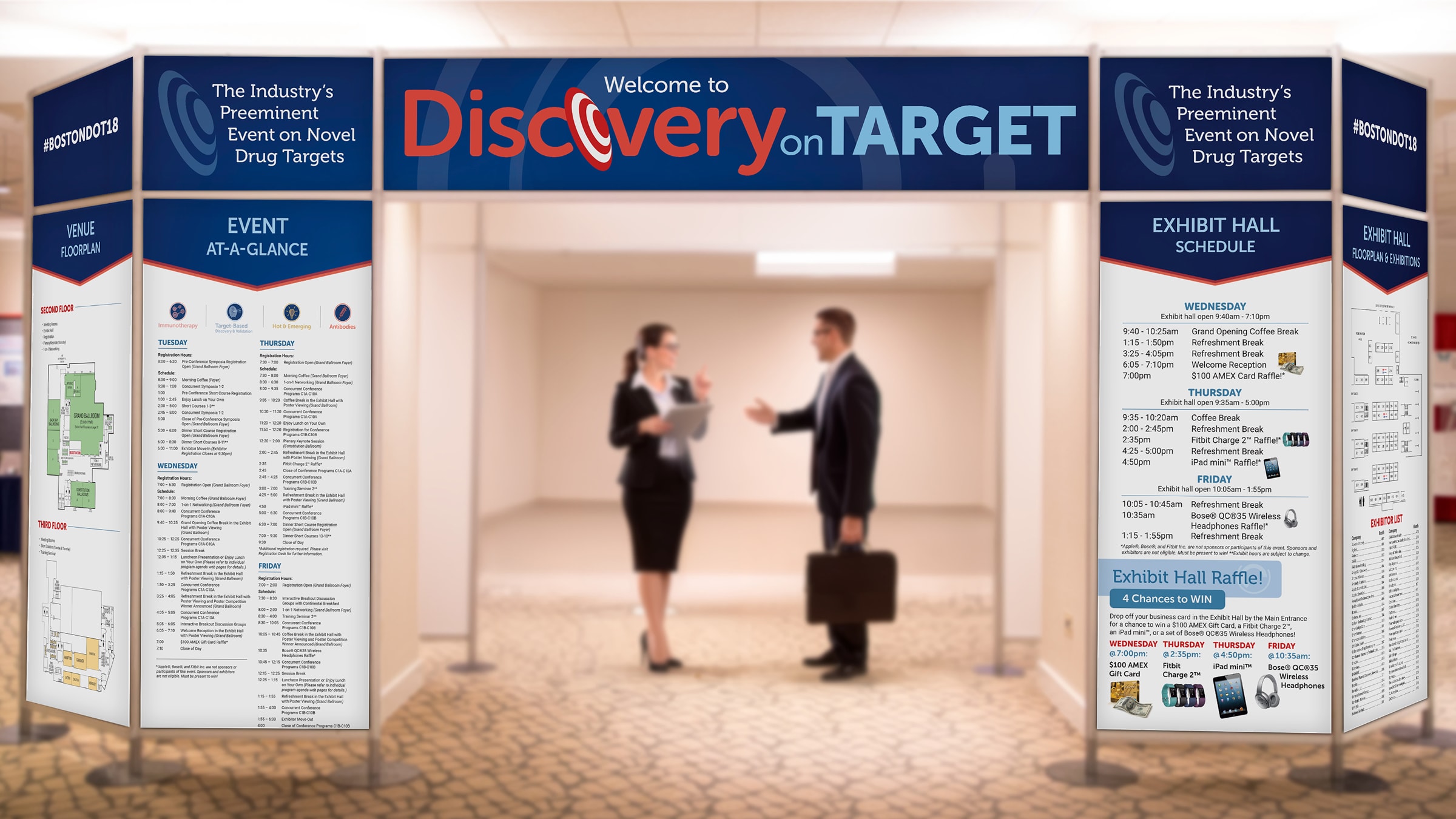 3D render of Discovery on Target entryway arch integrated with venue architecture
