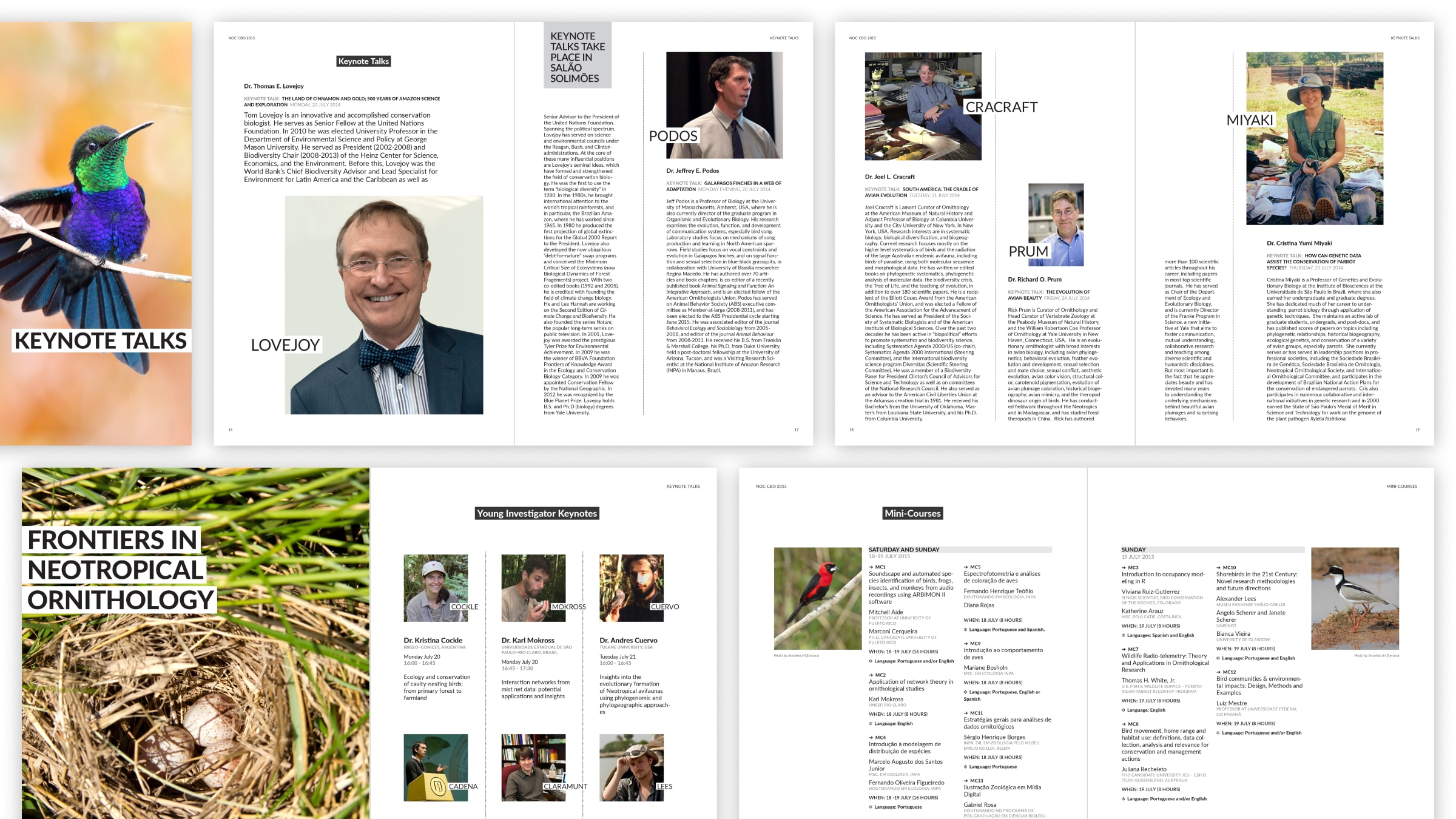 Editorial layouts showcasing keynote talks, speaker profiles, and course descriptions