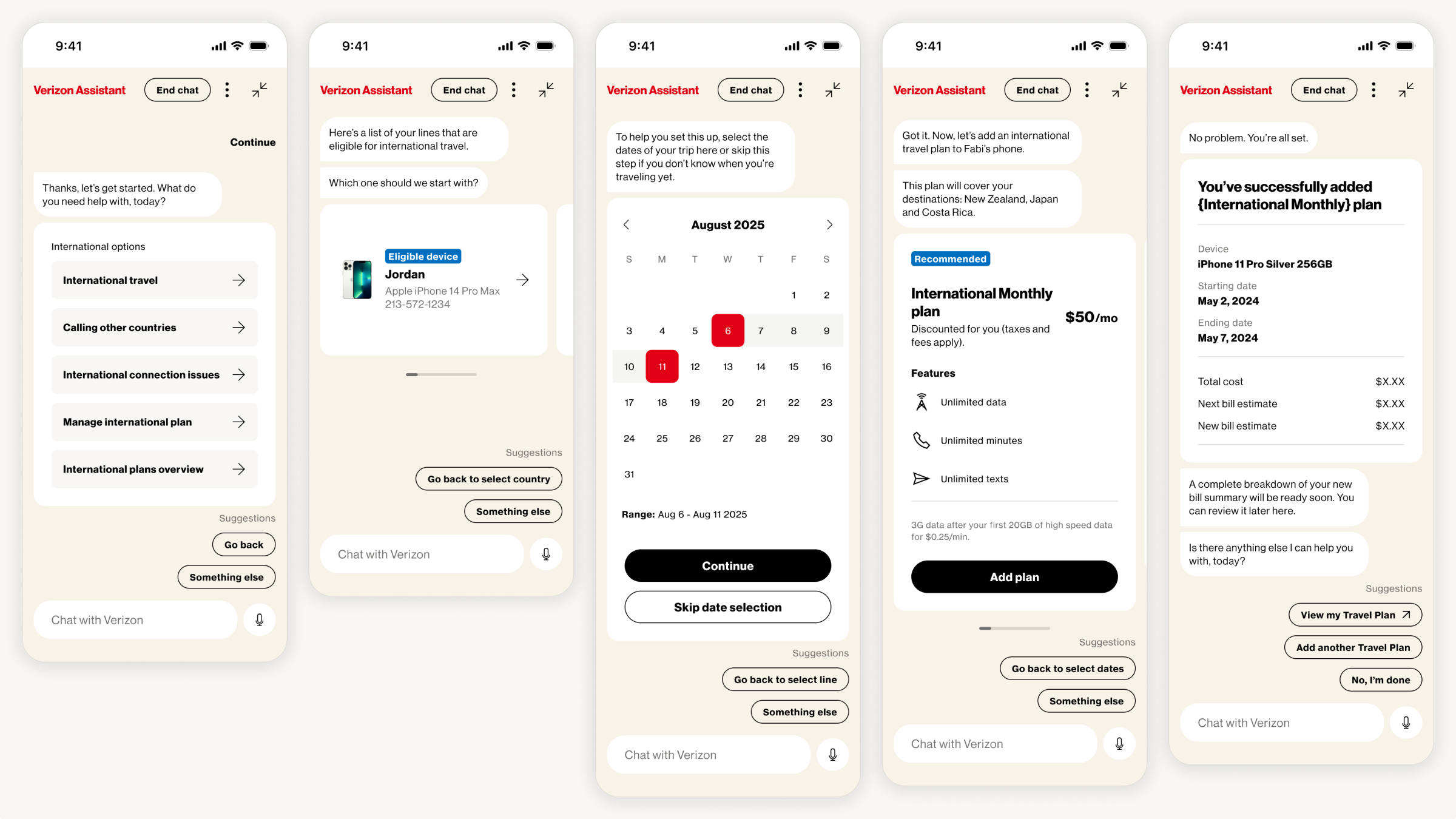 Select screens from user flow of AI-assisted international plan setup