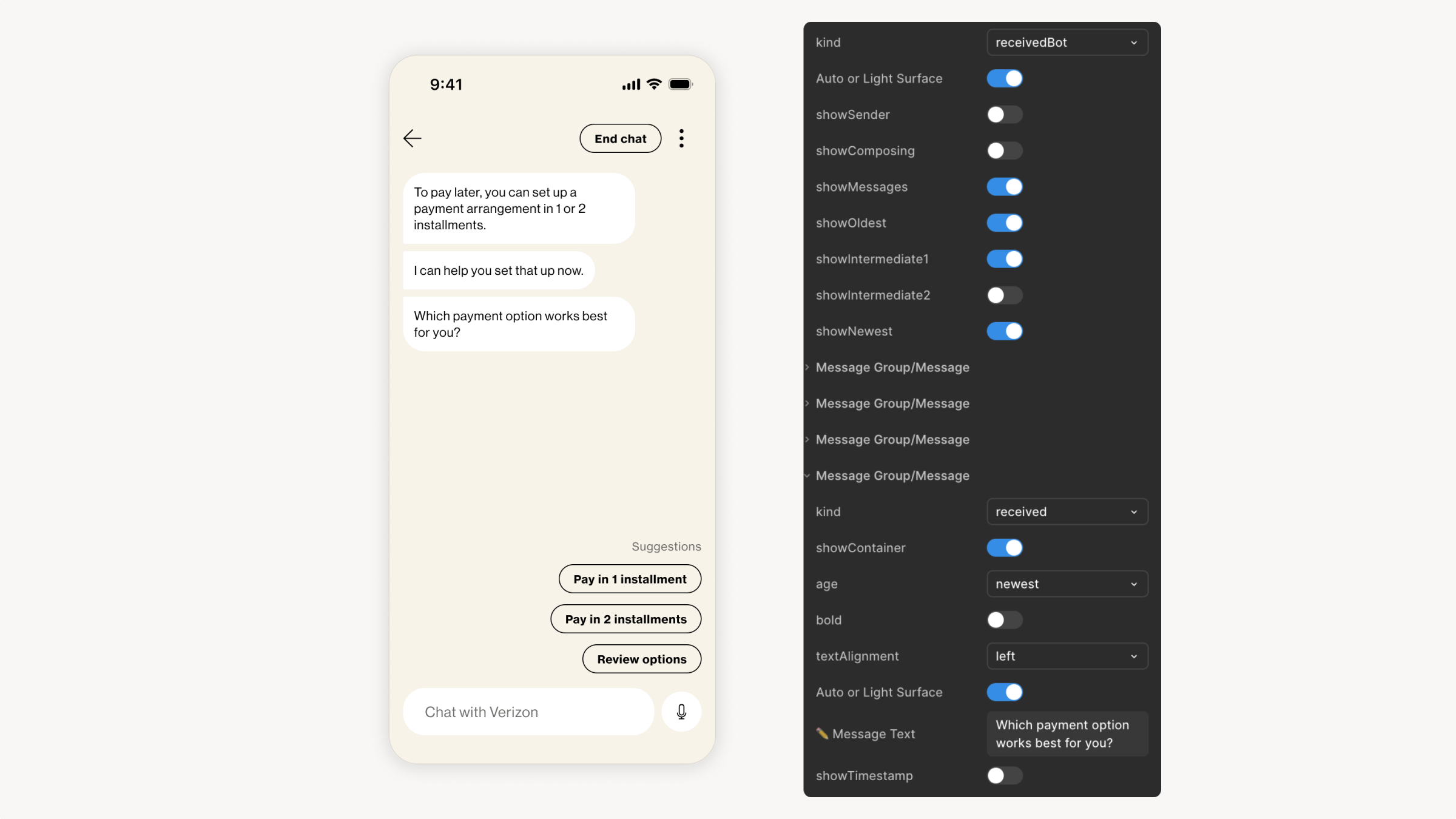 Message group configuration for conversation with AI or live agent